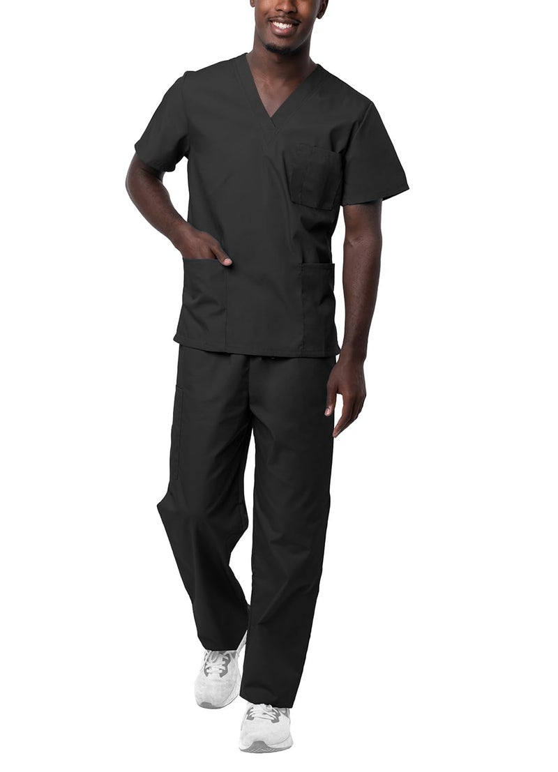 Sivvan Durable Unisex Scrubs Set - Classic V-Neck Scrub Top & Drawstring Scrub Pants For Men & Women, 5 Pockets - S8400 - Black - L - Image 1